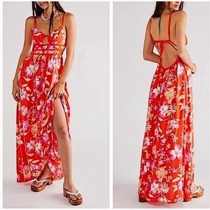 Free People Wisteria Maxi Dress Orange Floral Cutout Open Back Pop Combo